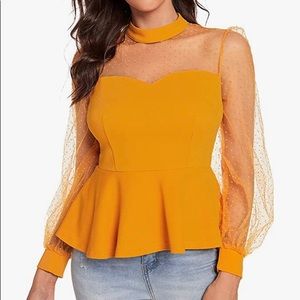 Romwe Gold Peplum Blouse - sheer arms SZ XL